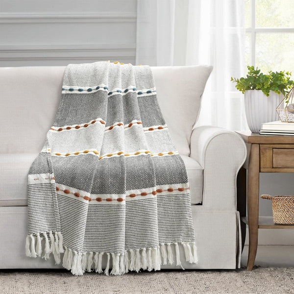 Herringbone Stripe Yarn Dyed Cotton Woven Tassel Throw Blanket