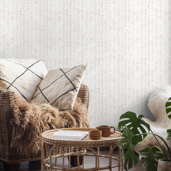 Abstract Wallpaper with a Textured Dashed Line Motif in Beige - B988