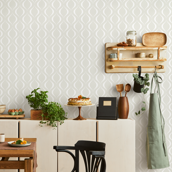 Abstract Wallpaper with a Modern Wavy Motif in White and Light Beige - C564