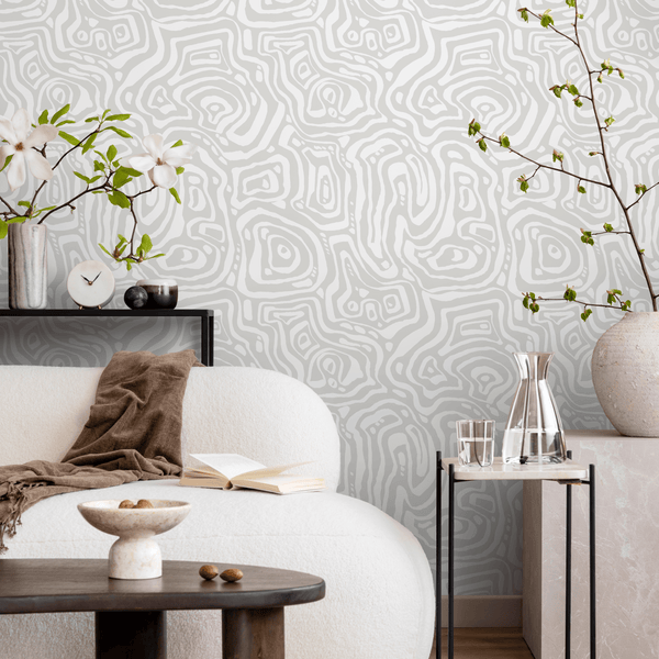 Abstract Wallpaper with Organic Contour Lines in Gray and White - C655