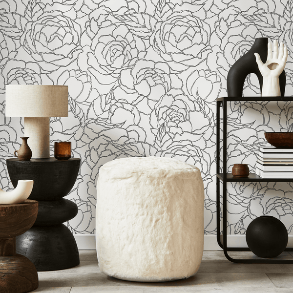 Floral Wallpaper with a Large Peony Line Art Motif in Gray - C872