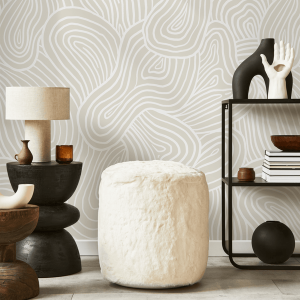 Abstract Wallpaper with Organic Contour Lines in Beige and White - C886