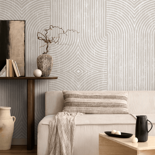 Abstract Wallpaper with Distressed Arches and Lines in Beige and Cream - C927