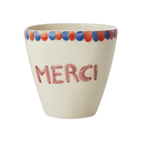 Ceramic Oval Cup with Hand Painted Merci - 10.1 oz