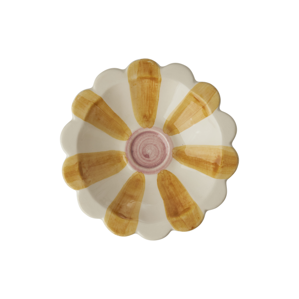 Ceramic Flower Dipping Bowl with Yellow Hand Painted Stripes
