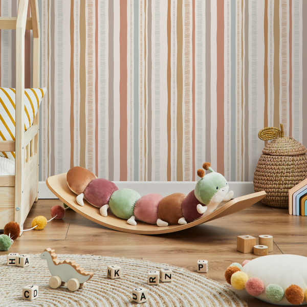 Abstract Striped Wallpaper in Pink, Blue, and Beige - D834