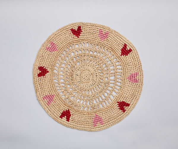 Handwoven Heart Raffia Placemat – Artisan Table Decor with Red & Pink Hearts