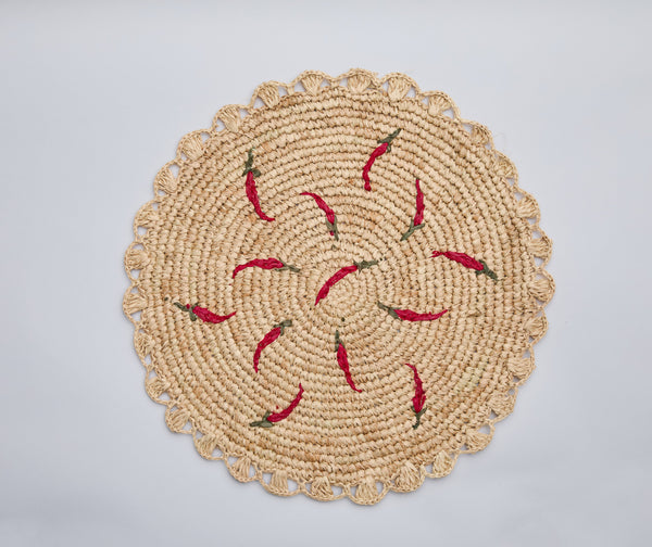 Scattered Chili Handwoven Raffia Round Placemat – Artisan Table Decor