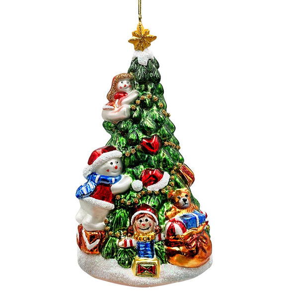 Festive Snowman and Christmas Tree Glass Ornament