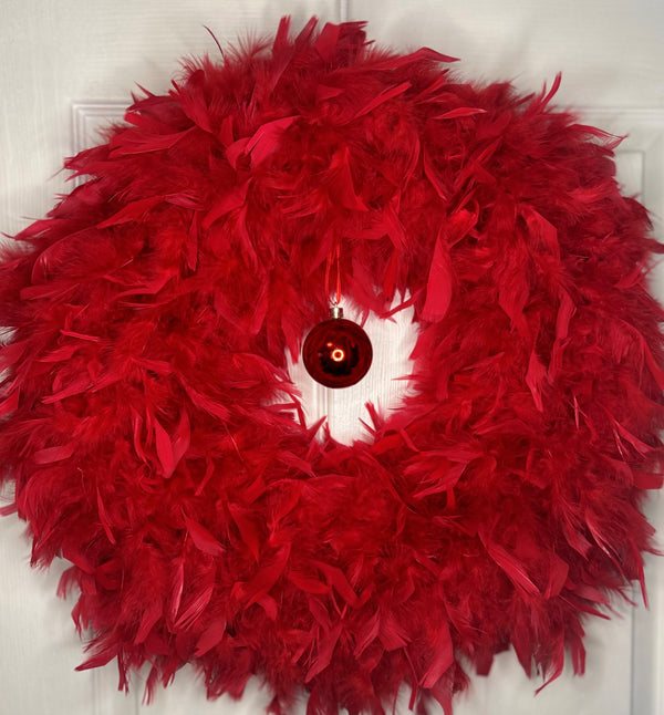 Bright Red Feather Wreath with Red Ball