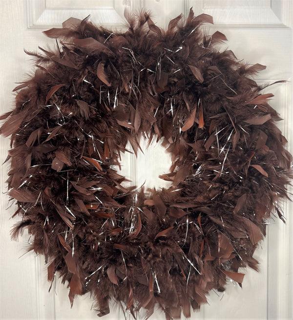 Brown & Silver Tinsel Feather Wreath