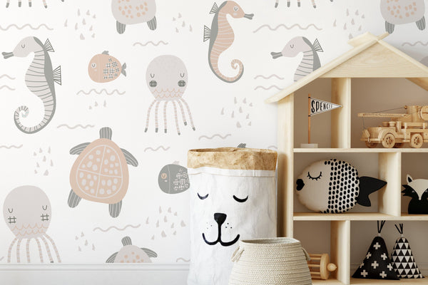 Animal Wallpaper Featuring Sea Creatures in Neutral Gray and Pink - D113