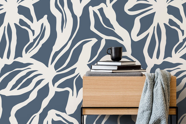 Abstract Floral Wallpaper with Bold Silhouettes in Navy and Cream - D285