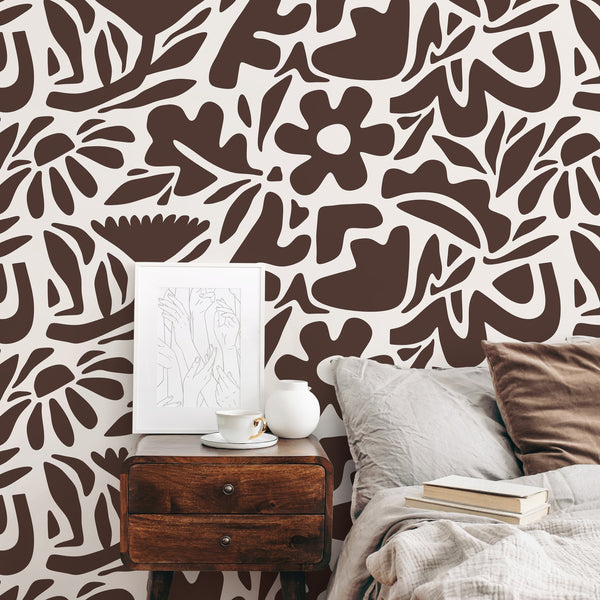 Abstract Floral Wallpaper with a Boho Botanical Motif in Brown and Cream - D673