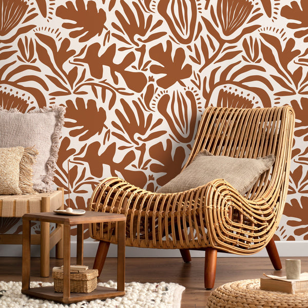 Abstract Floral Wallpaper with Bold Botanical Silhouettes in Terracotta - D709