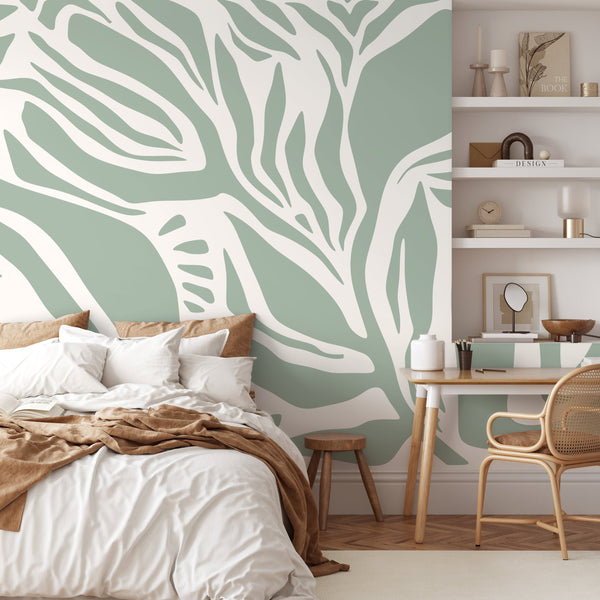 Abstract Wallpaper with Bold Organic Shapes in Light Green and White - D627