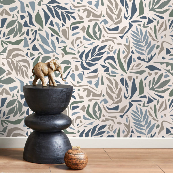 Abstract Wallpaper with Modern Leaf Shapes in Blue, Green, and Taupe - D722