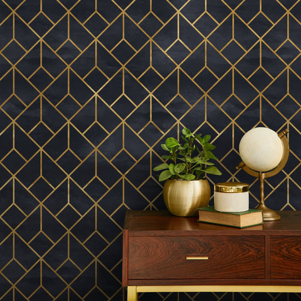 Art Deco Wallpaper with an Interlocking Line Motif in Black and Gold - A392