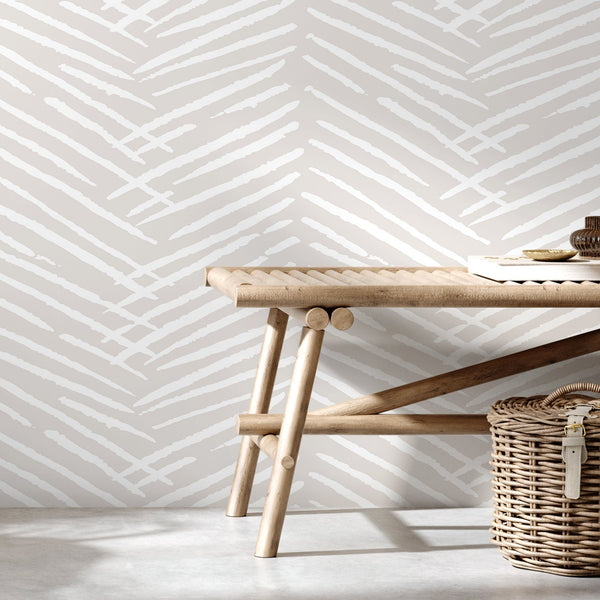 Abstract Wallpaper with a Textured Herringbone Motif in Nude Beige and White - C519