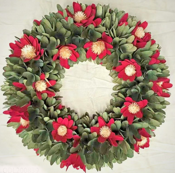 Olive Petals with Crimson Florals Wood Shaved Wreath