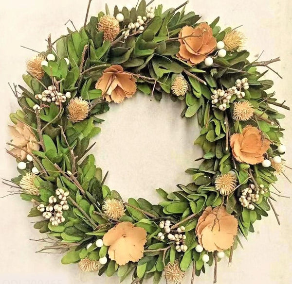 Peach Wood Shaved Floral with white mini balls Wreath