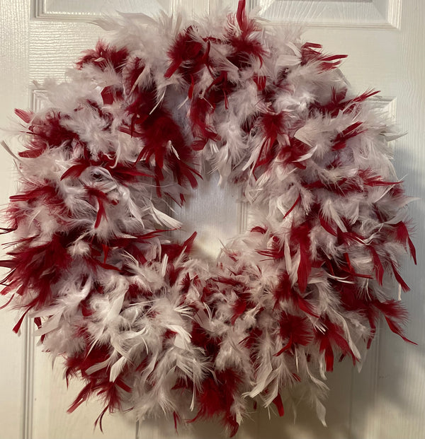 Cranberry Red with White Feather Wreath