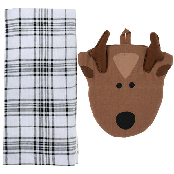 Reindeer Pot Holder & Plaid Kitchen Towel